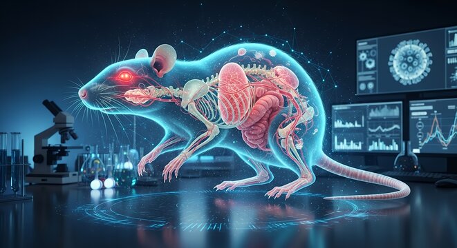 Glowing rat anatomy in laboratory setting with neon skeleton and internal organs
