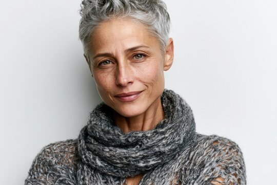 woman with gray hair wearing cozy scarf