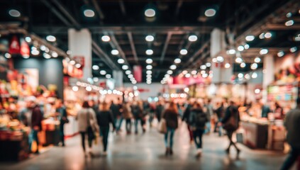 Fototapeta premium Blurred busy trade show exhibition hall with many people browsing stalls