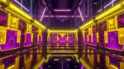 Fototapeta premium Futuristic corridor glows with neon lights. Purple, yellow hues dominate sleek metallic surfaces. Symmetry creates dramatic perspective.