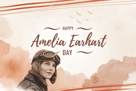 Portrait of a smiling female pilot wearing vintage leather flight gear and goggles celebrating the legacy of a legendary pioneer during a special commemorative event dedicated to her historical memory