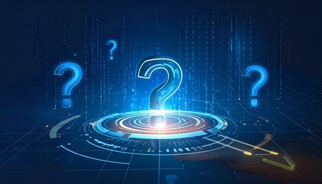 Digital interface with glowing question symbols, symbolizing inquiry, research, and finding answers.