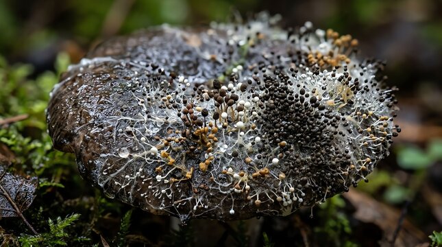 Close-up of a textured, grayish lichen-covered rock in a natural environment.