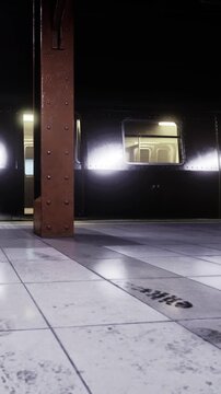 A subway train stands on an empty platform at night. The platform is well lit, and the tiles reflect light from the train windows. There are no passengers around.