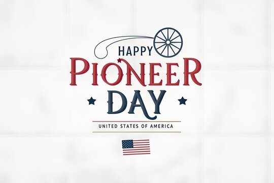 Decorative graphic design celebrating pioneer day with a vintage wagon wheel illustration and american flag elements styled in traditional red white and blue colors for a festive holiday greeting card