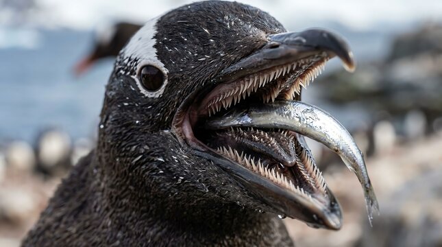 Close-up of a black bird with a fish in its beak showing sharp teeth and detailed feathers.