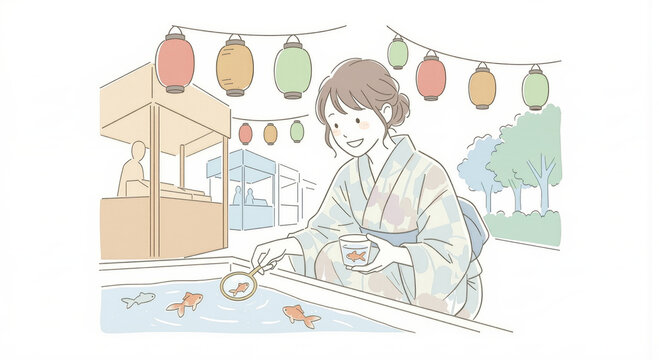 Woman in yukata enjoying goldfish scooping at summer festival with lanterns line art illustration