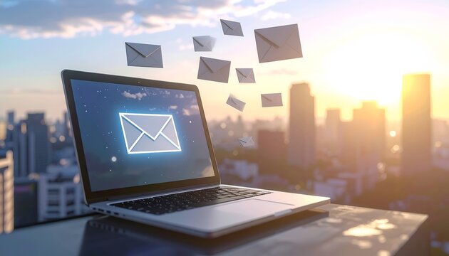 Laptop screen shows glowing email icon. Envelopes float above against city skyline