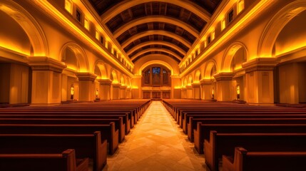 Obraz premium A spacious interior of a dimly lit church with warm, glowing lights illuminating the arches