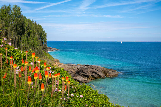 Paysage de bord de mer sur la c&ocirc;te rocheuse de l'&icirc;le de Groix en Bretagne.