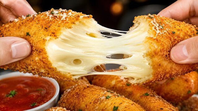 Hands pulling apart a crispy golden fried mozzarella stick to reveal the warm gooey melted cheese strings inside this delicious gourmet snack in a close photograph