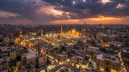 Fototapeta premium Aerial view of illuminated mosque complex at dusk with dramatic sky