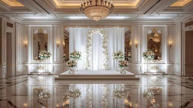 Elegant White Luxury Ballroom with Crystal Chandelier and Wedding Stage