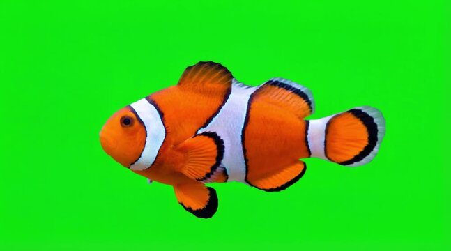 Fish Video of a Ocellaris clownfish are swimming on the green screen background
