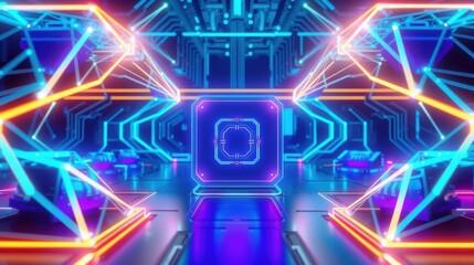 Fototapeta premium Futuristic tunnel glows with vibrant neon lights. Complex geometric patterns create immersive digital space. Symmetry dominates composition.