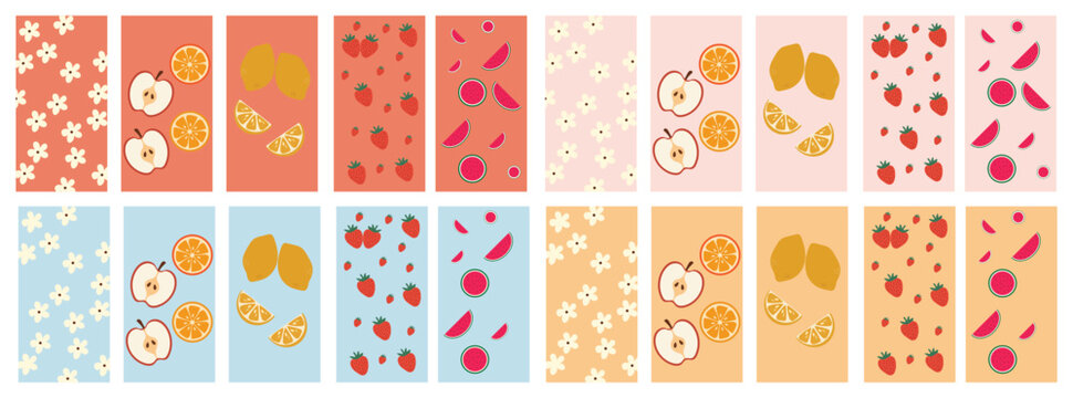 Collection of color variation abstract fruit poster. Contemporary art print with hand drawn strawberry, lemon, flower and orange. Trendy design for wall decor, postcard, cover, packaging, t shirt. 