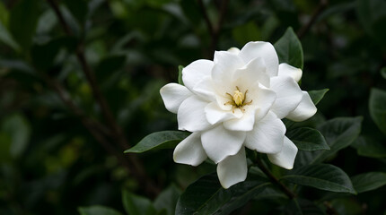 Fototapeta premium Elegant white gardenia bloom with lush green foliage
