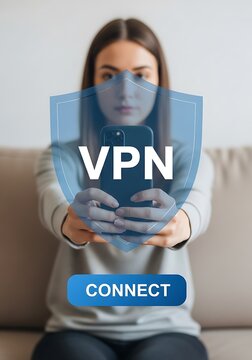 Woman holding phone with V P N shield and connect button
