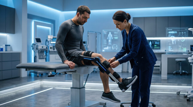 Knee pain surgery options concepts. Man with prosthetic leg being fitted by a medical professional in a high-tech clinical setting.