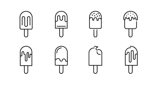 Set of eight ice cream popsicle line icons for summer dessert menu