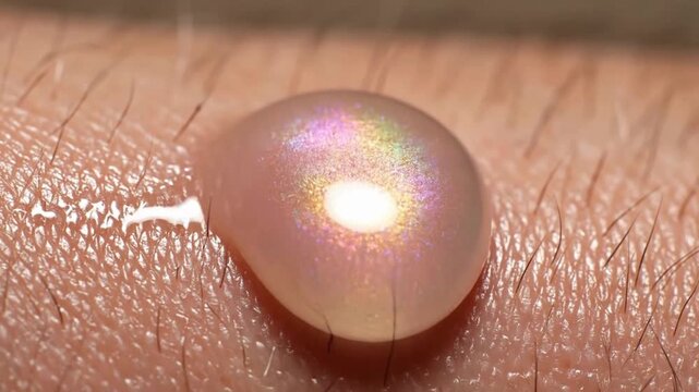 Macro of iridescent liquid droplet shimmering on human skin for cosmetic highlighter advertisement