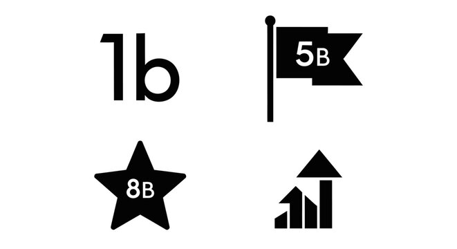 Business Icons: 1 Billion, 5 Billion Flag, 8 Billion Star, Growth Chart