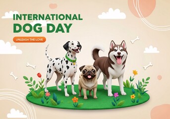 Fototapeta premium Three dogs standing on green grass with flowers and text that reads international dog day