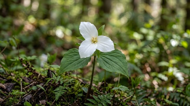 White Trillium Flower Blooming in Woodland Forest