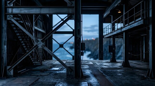 Abandoned industrial warehouse interior view dramatic setting