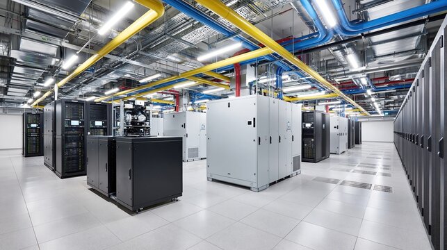Modern, Clean Data Center Server Room Filled with Rows of Racks and Blinking Lights