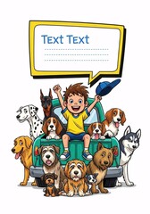 Fototapeta premium A cartoon boy sitting on the back of a green truck surrounded by many happy dogs isolated on white background