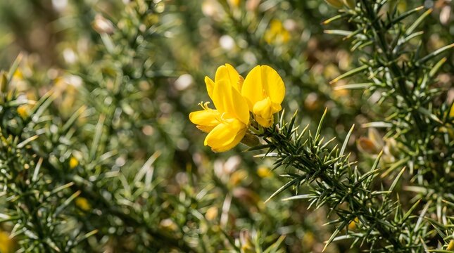 Vibrant Yellow Gorse Flower in Bloom on Thorny Bush, Close-up Detail