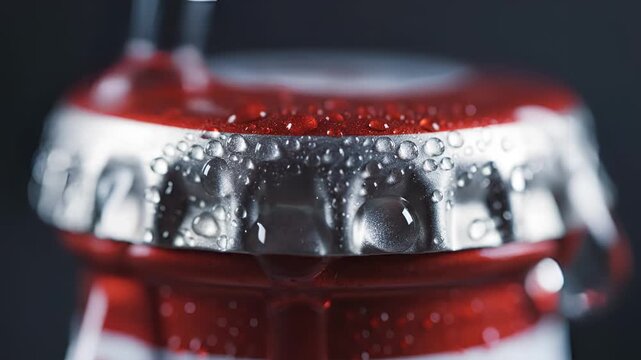 Close up shot of a cold refreshing beverage bottle cap with water droplets.