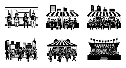 Obraz premium Crowd Scenes: People at Subway, Market, Festival, Stadium - Icon Set