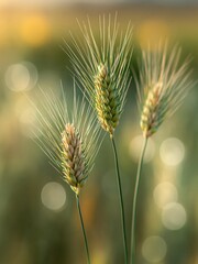 Fototapeta premium Golden Wheat Field at Sunset: Close-up of Ripe Grain Stalks in Soft Sunlight with Bokeh