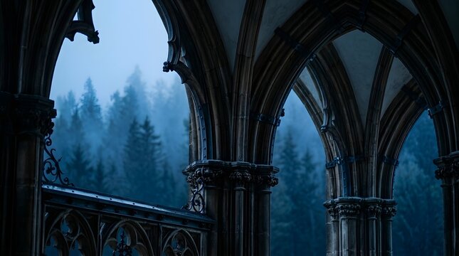 Gothic Architecture Arches Over Forest Mystery and Gloom