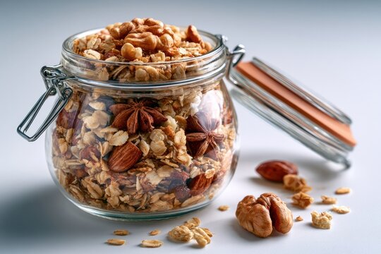 glass jar with mixed nuts oats and spices