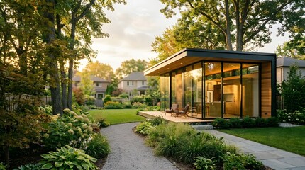 Obraz premium Modern architecture home design in lush suburban garden setting