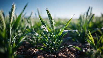 Fototapeta premium Close-up shot of young green wheat growing in fertile soil under a clear blue sky, representing agriculture and growth