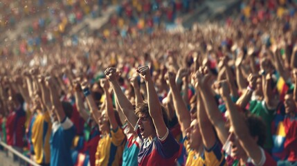 Fototapeta premium Excited crowd of sports fans cheering and celebrating at a stadium event with raised hands