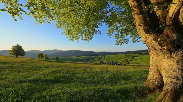 Landschaft im Sonnenaufgang mit Winduchen im Fr&uuml;hling, Freiburg im Breisgau, Schauinsland, Schwarzwald, Baden- W&uuml;rttemberg, Deutschland