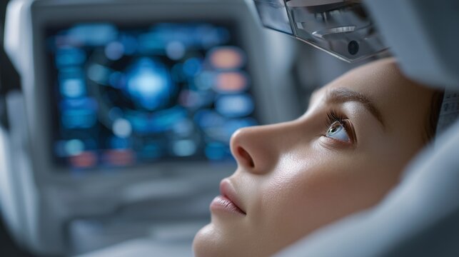 Patient eye under surgical microscope with surgeon interface screen in background representing lasik surgery eye sight correction and vision improvement.