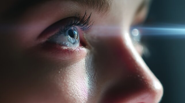 Close up of eye receiving focused light beam representing lasik surgery vision correction and improved eyesight clarity.