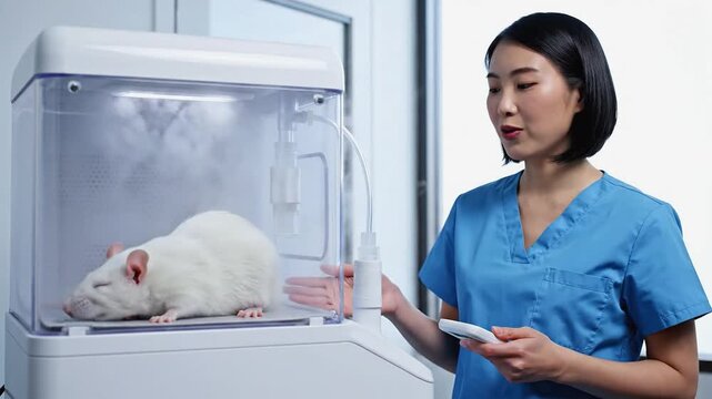 Female veterinarian in blue scrubs explains procedure with white rat in laboratory enclosure