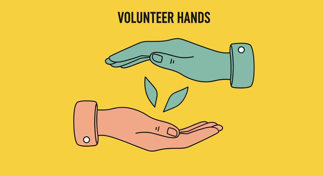 Volunteer hands offering care and support with growing plant illustration