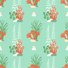 Seamless pattern with colorful coral reef, seaweeds and stones on mint background for textile, wallpaper, wrapping paper design and kids fabric print. © MarhaRyta