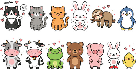 Fototapeta premium Cute Cartoon Animal Character Clipart Set with Happy Kittens Rabbit Sloth Penguin Cows Frog Bear Pig and Little Chick for Kids Sticker Designs