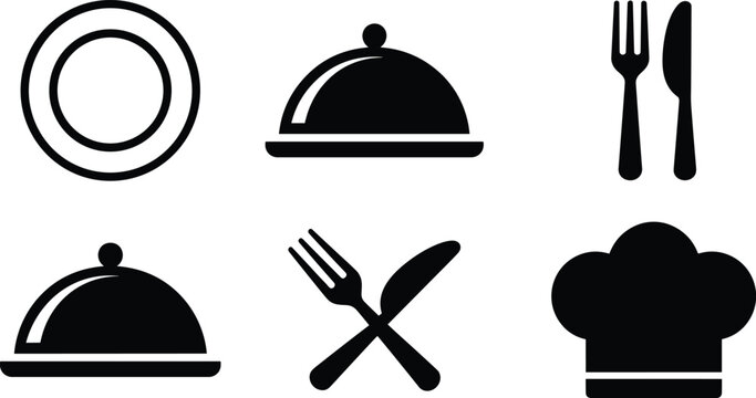 Restaurant and food service icon set featuring plate cutlery chef hat and serving tray vector symbols