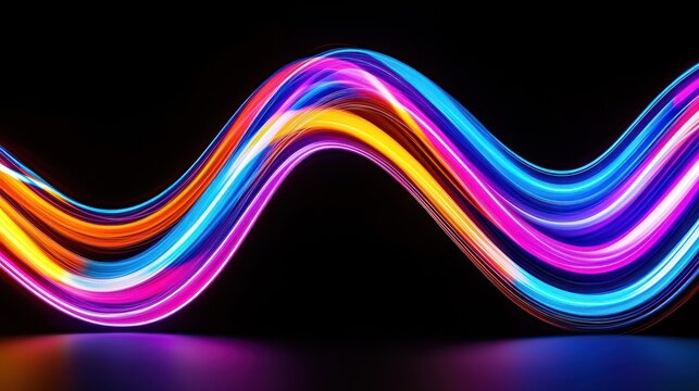 A glowing and colorful wavy stream flows across a black background