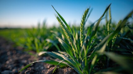 Fototapeta premium Close-up Macro View of Young Wheat Field Growing in Rich Soil Under Clear Blue Sky